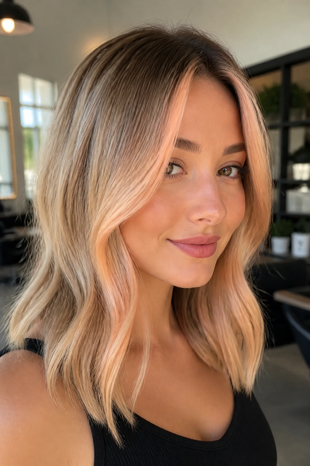Close-up of peachy champagne money piece framing the face on warm blonde hair.