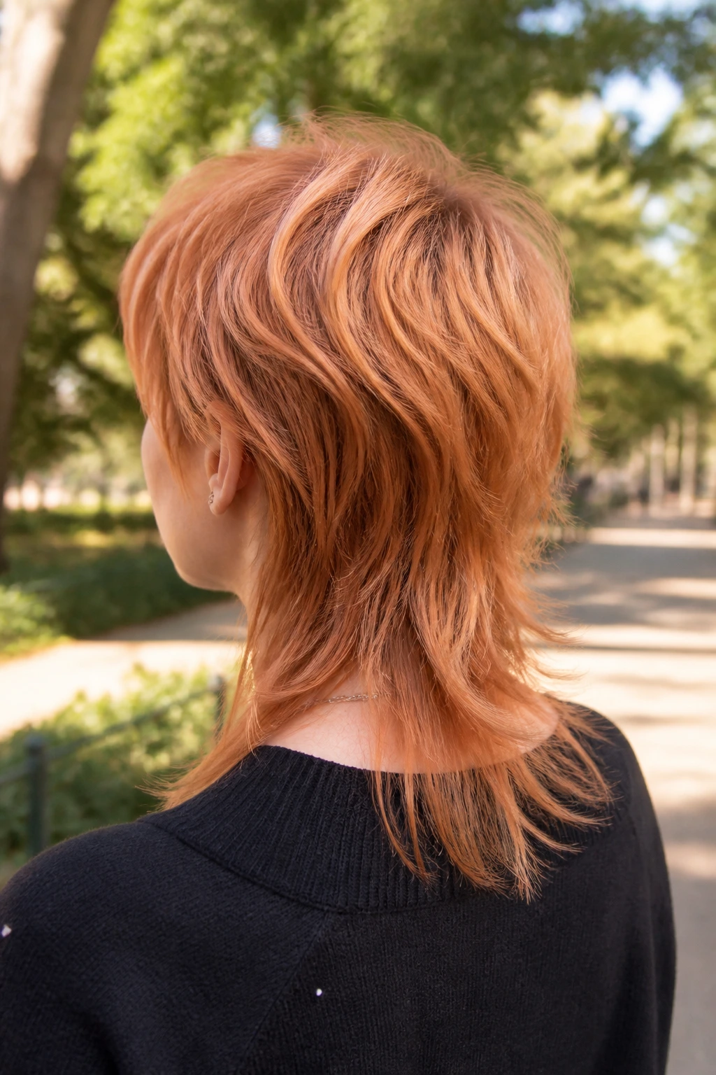 Back-of-head view of real person with peachy copper mullet.