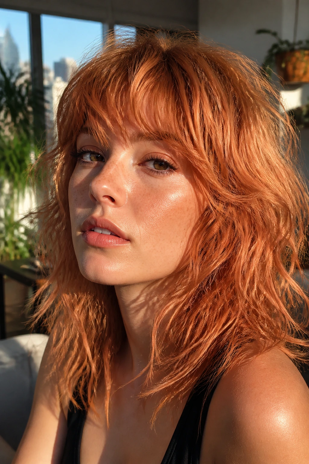 Real person with peachy copper shag in a sunlit room