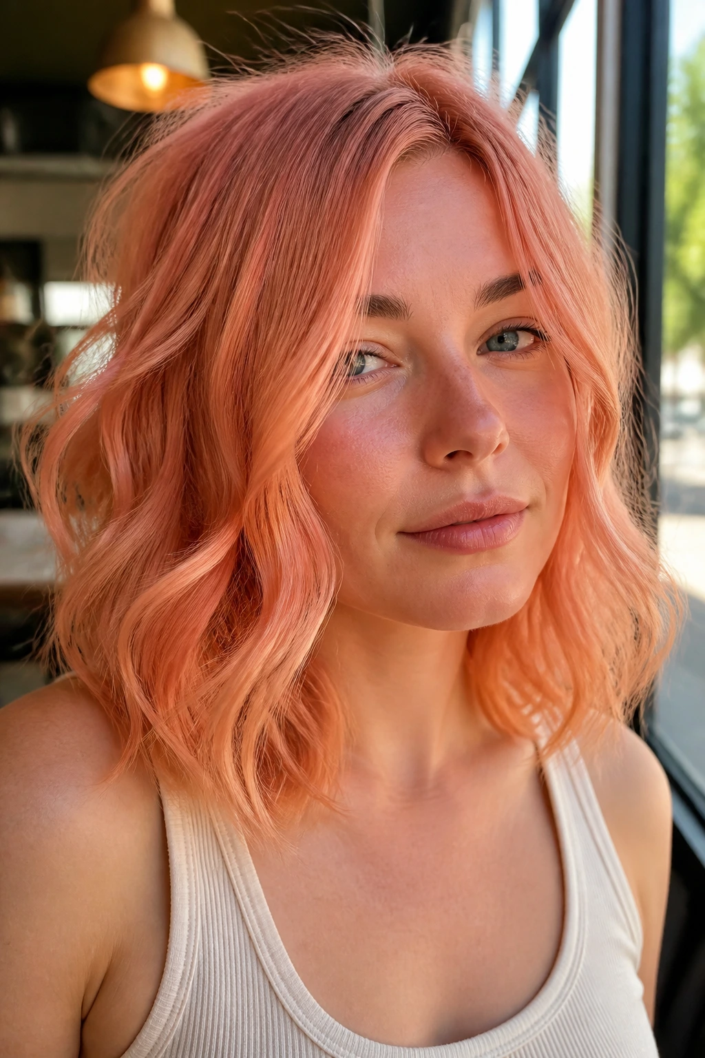 Close-up portrait of a woman with peachy coral lob hairstyle in bright daylight