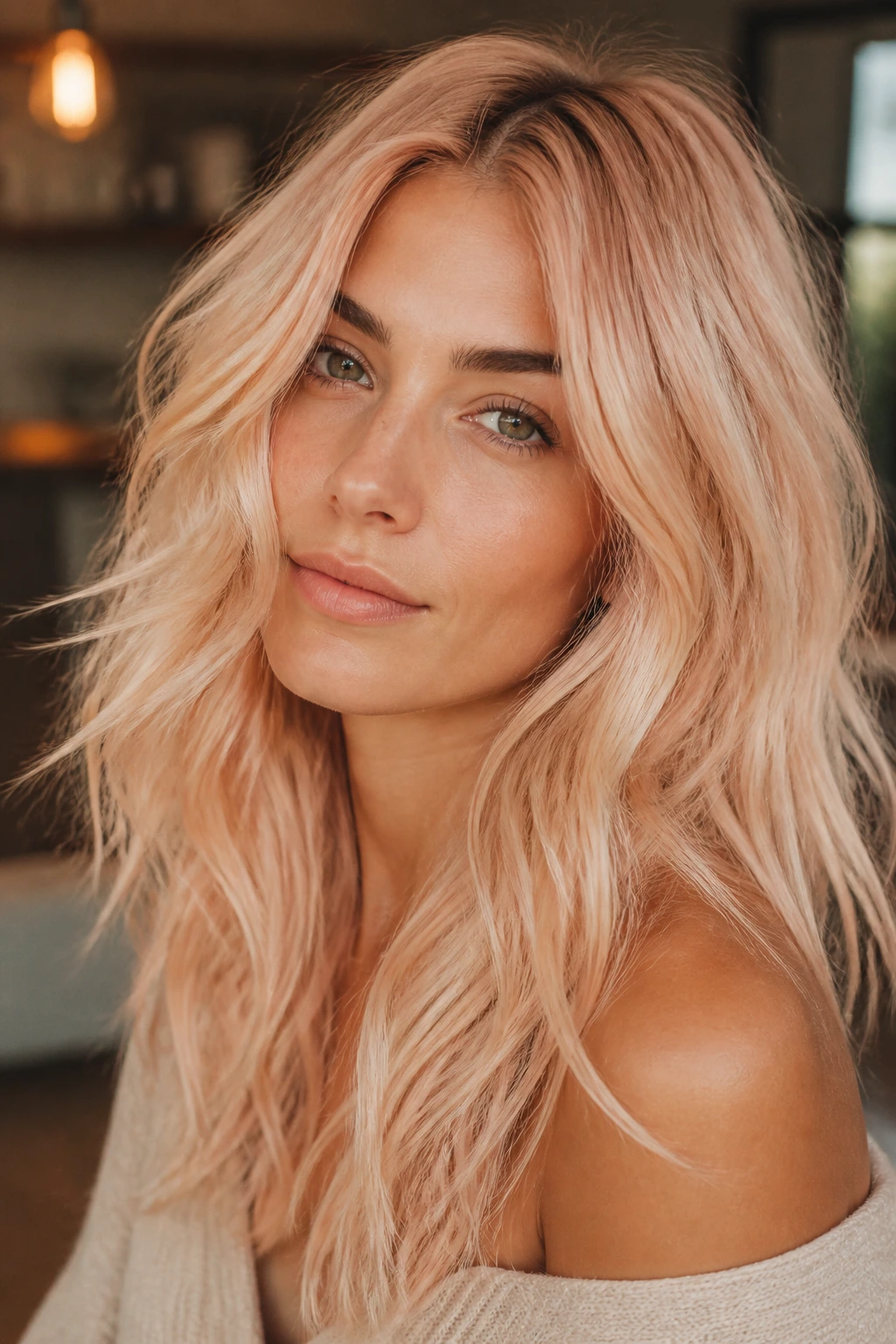 Close-up of a real woman with peachy-platinum hair in warm indoor light