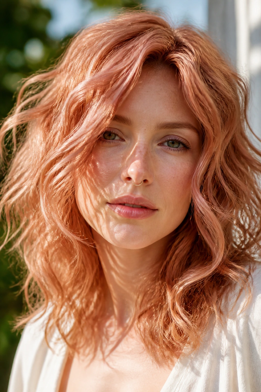 Close-up of Peachy Red Textured Waves on a real woman in sunlit outdoors