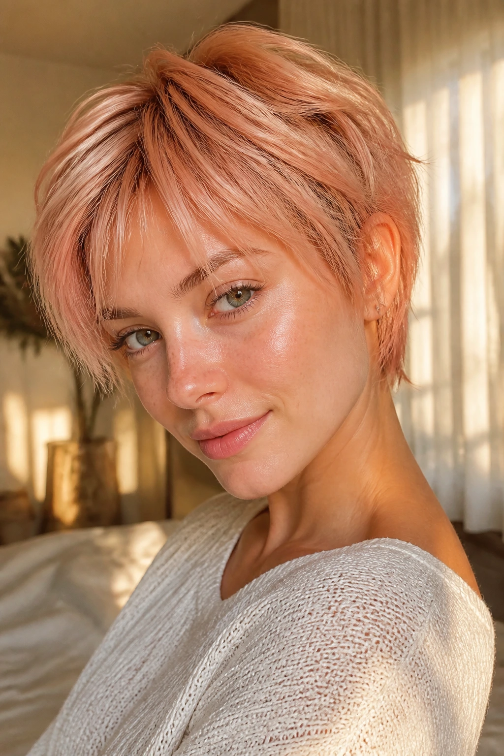 Close-up portrait of a real woman with a peachy rose gold crop hairstyle in natural light.