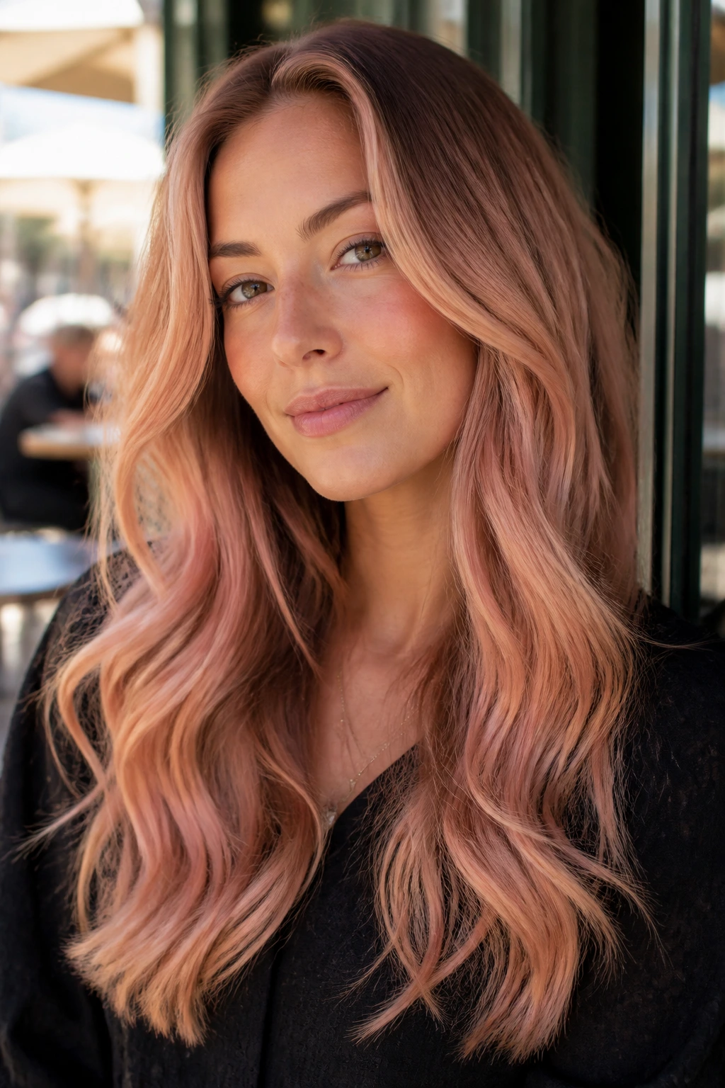 Portrait of a woman with peachy rose gold hair in loose waves