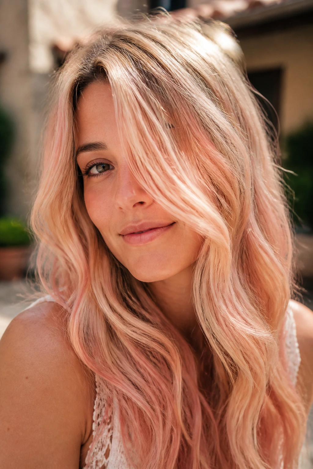 Close-up of a real woman with peachy rose gold pieces in blonde hair under sunlight