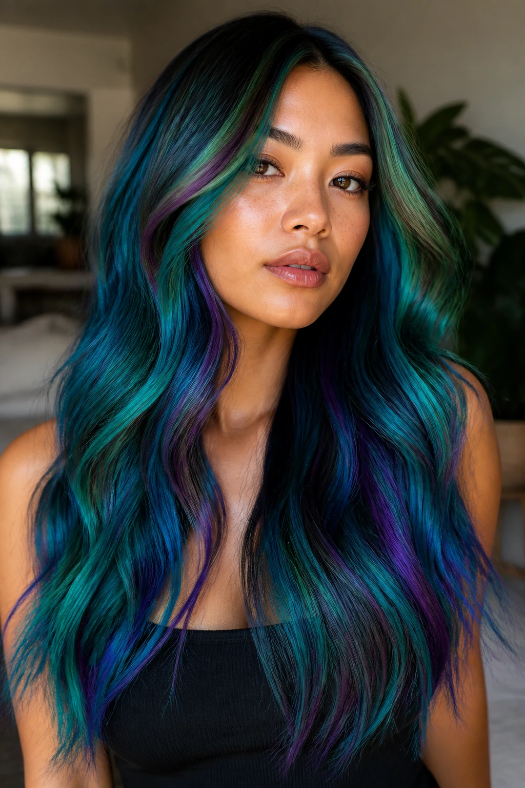 Portrait of hair with emerald, cobalt, and violet streaks in long mermaid style.
