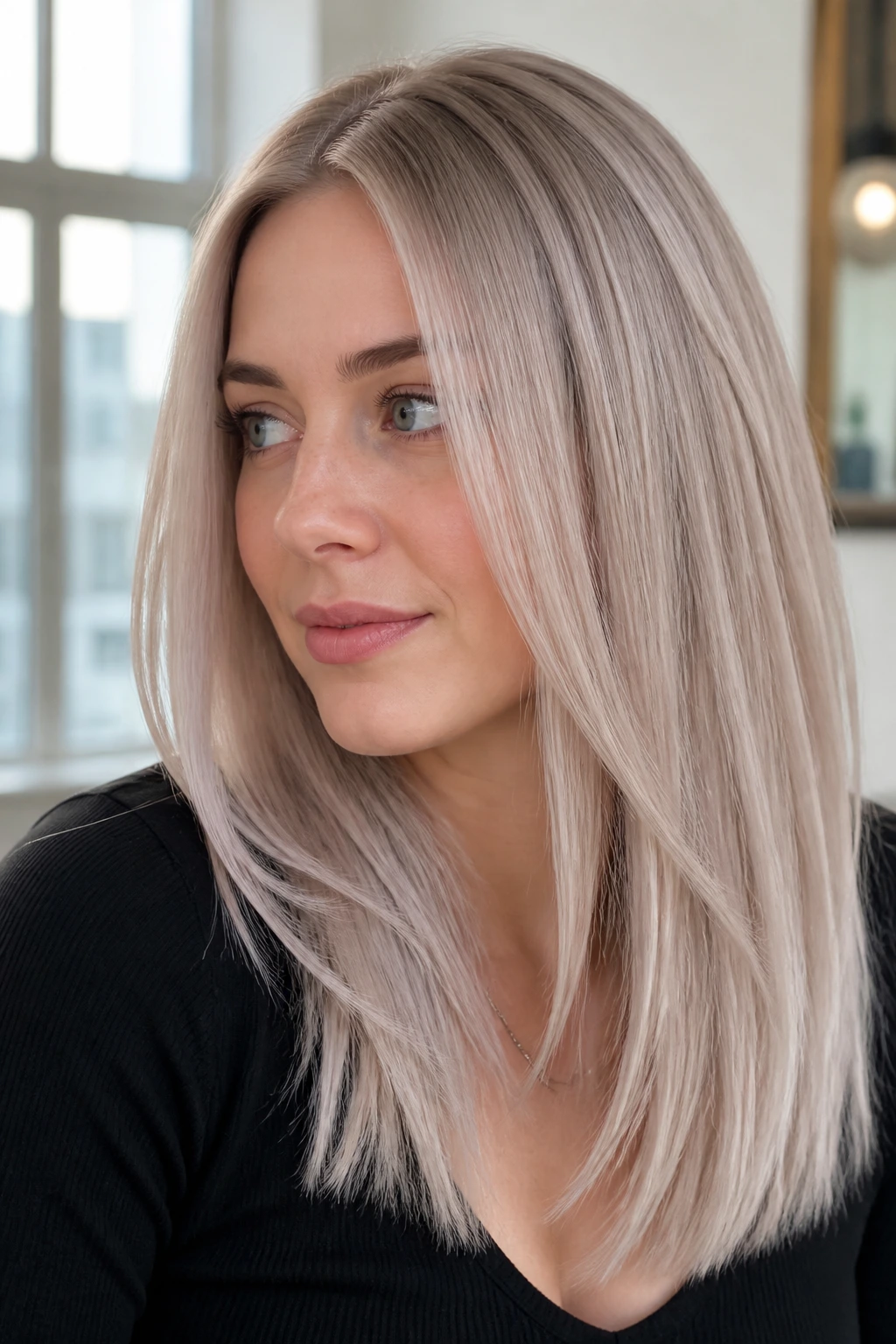 Close-up of pearl ash blonde hair under soft natural window light