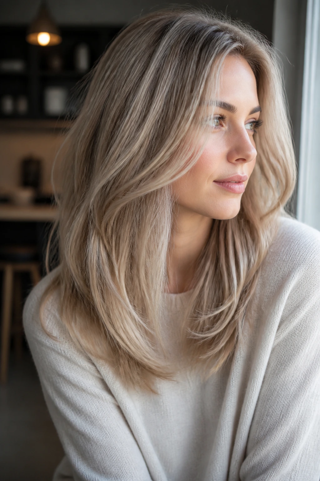 Close-up of a real person with pearl ash blonde hair and soft diffused ends in natural window light