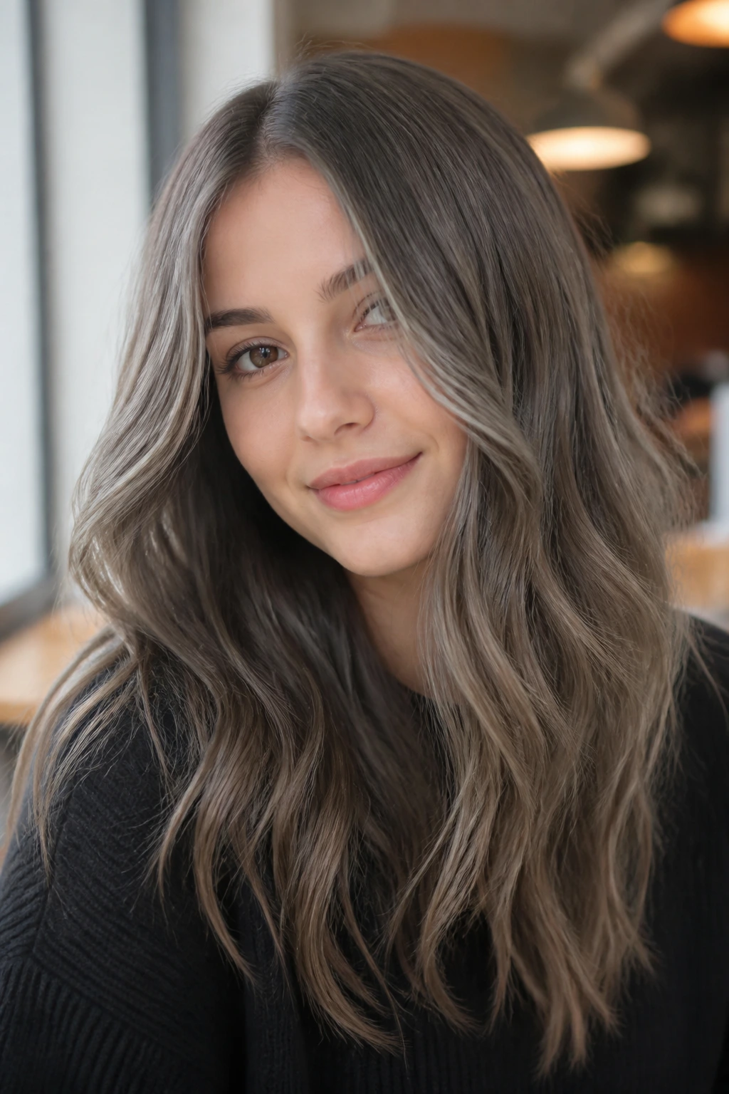 Close-up portrait of a real woman with Pearl Ash Brown hair and pearl-like glow