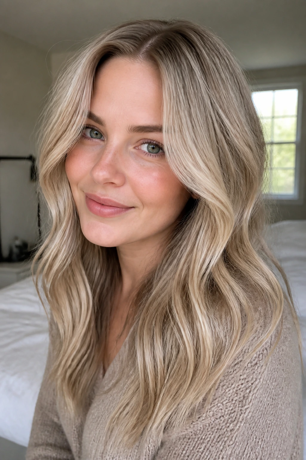 Close-up of a real woman with pearl babylights over a cool blonde base, soft waves framing the face.