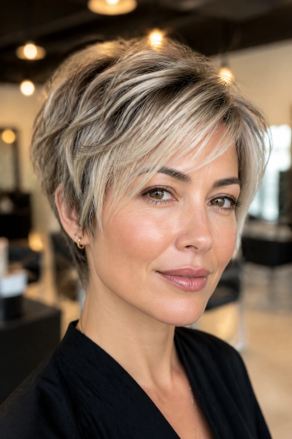 Close-up portrait of a real woman with textured pixie-bob and pearl balayage