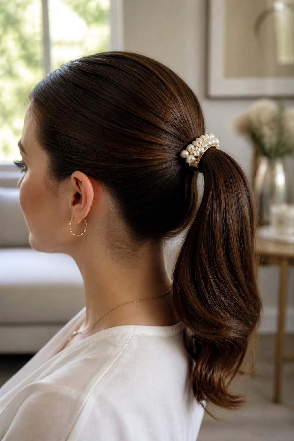 Close-up of a woman with a pearl-barrette pony