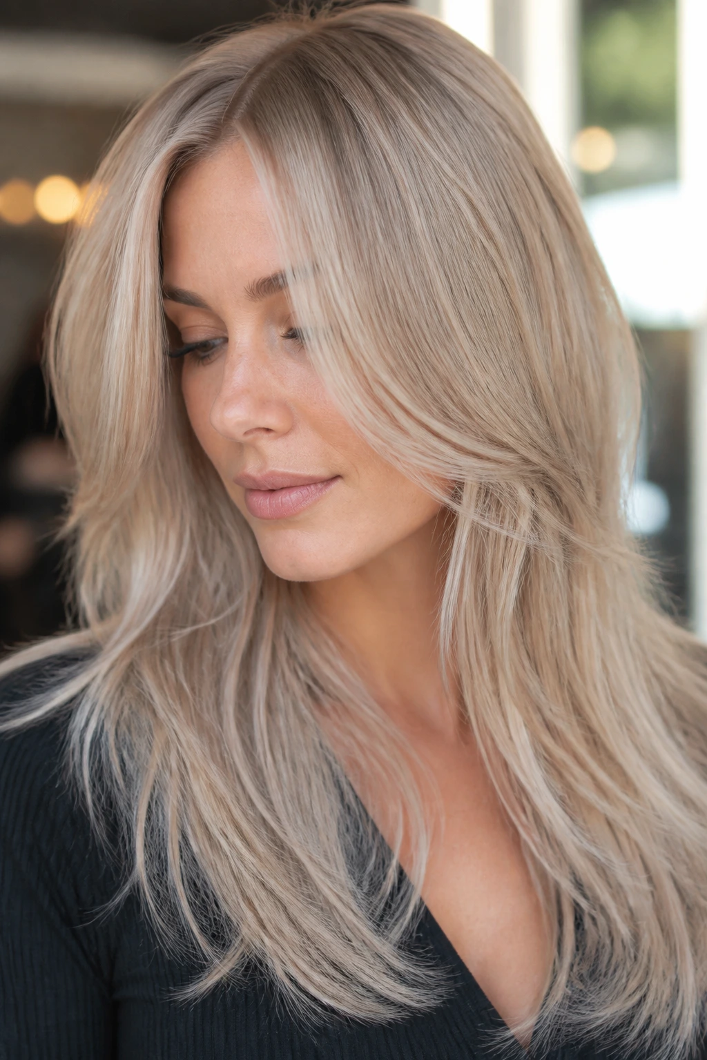 Close-up portrait of a woman with pearl beige blonde hair.