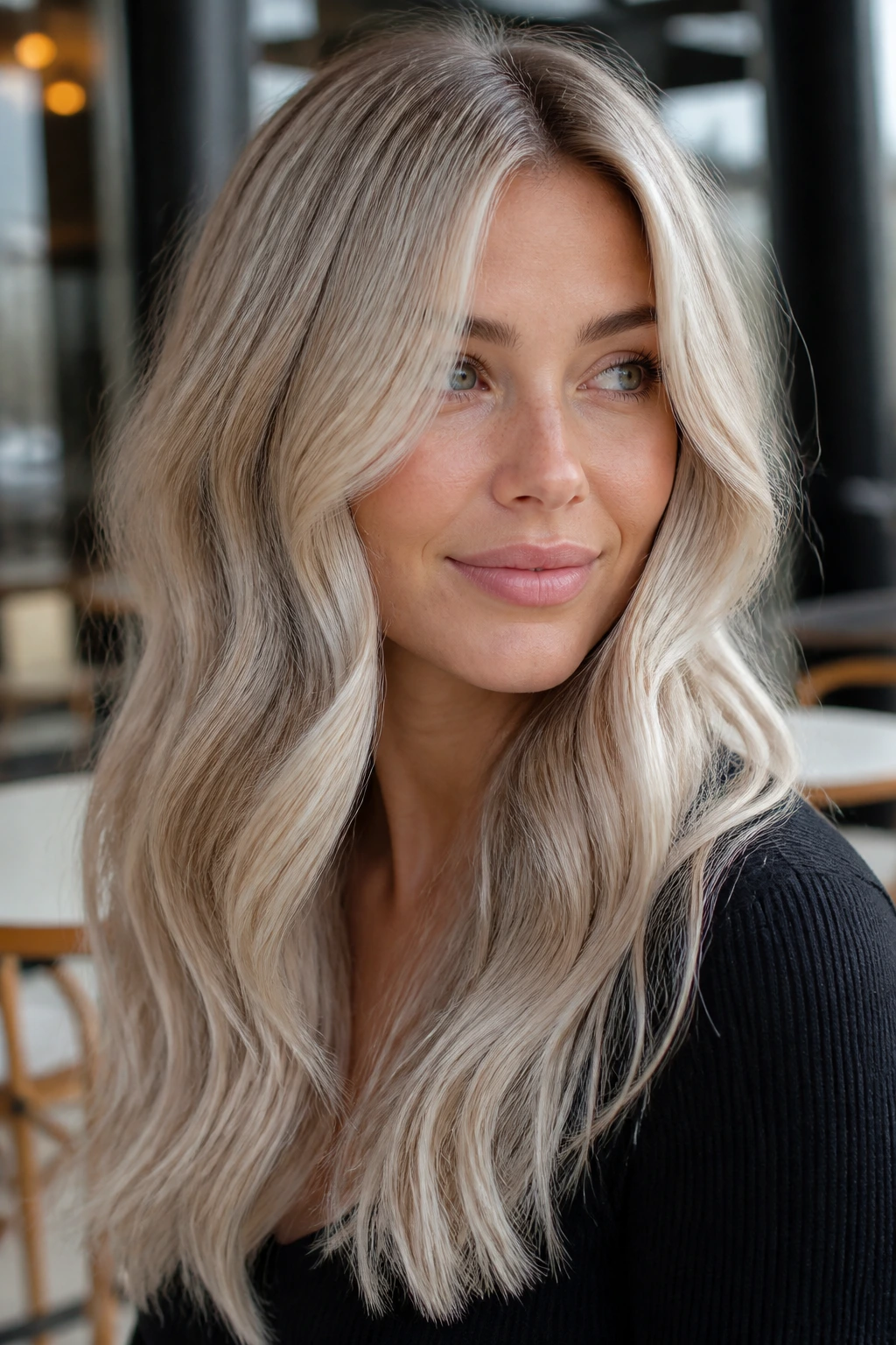 Close-up of real woman with pearl beige blonde long waves in soft light