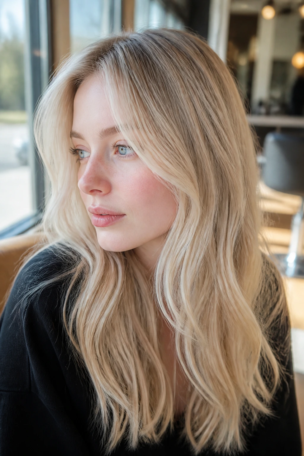 Close-up portrait of a woman with pearl beige blonde hair in natural window light.