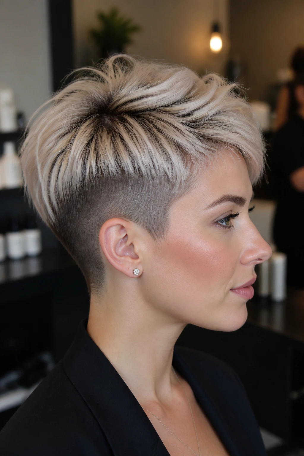 Portrait of a real person with Pearl Beige Undercut Pixie hairstyle