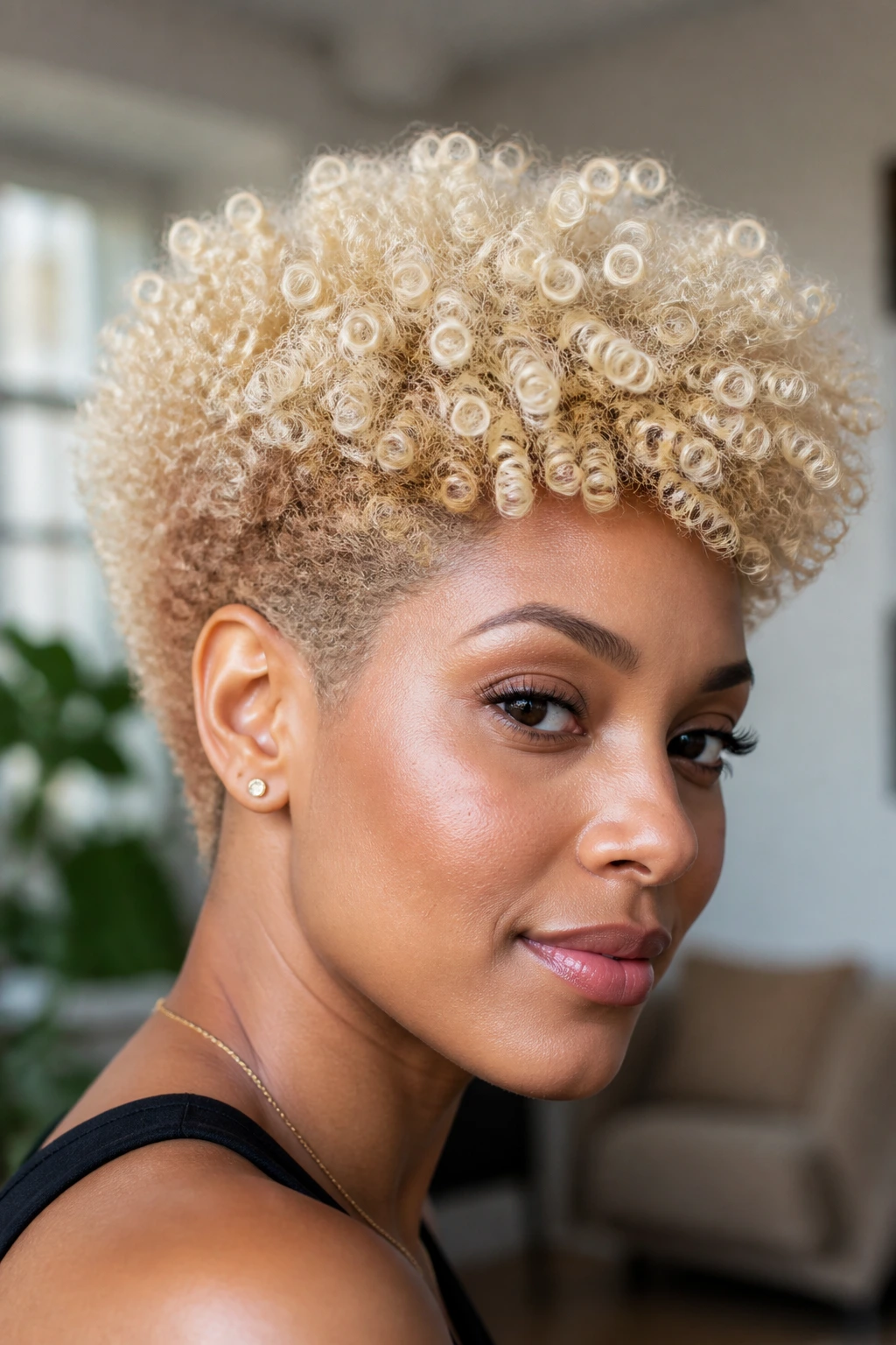 Close-up of pearl blonde tapered Afro curls on a real person
