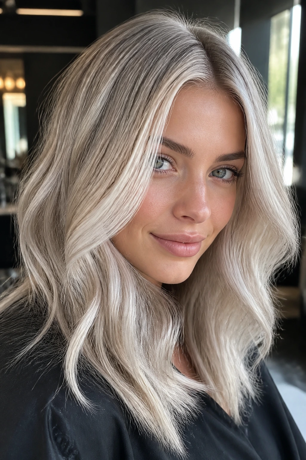 Close-up of a real woman with pearl blonde babylights on cool blonde hair under natural window light