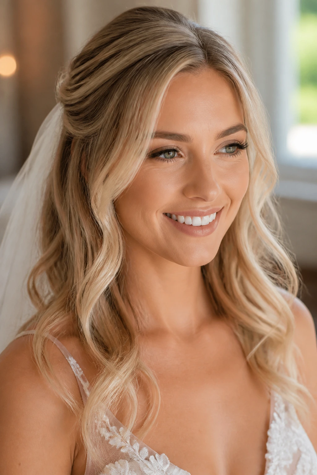 Bride with pearl blonde babylights framing the face.