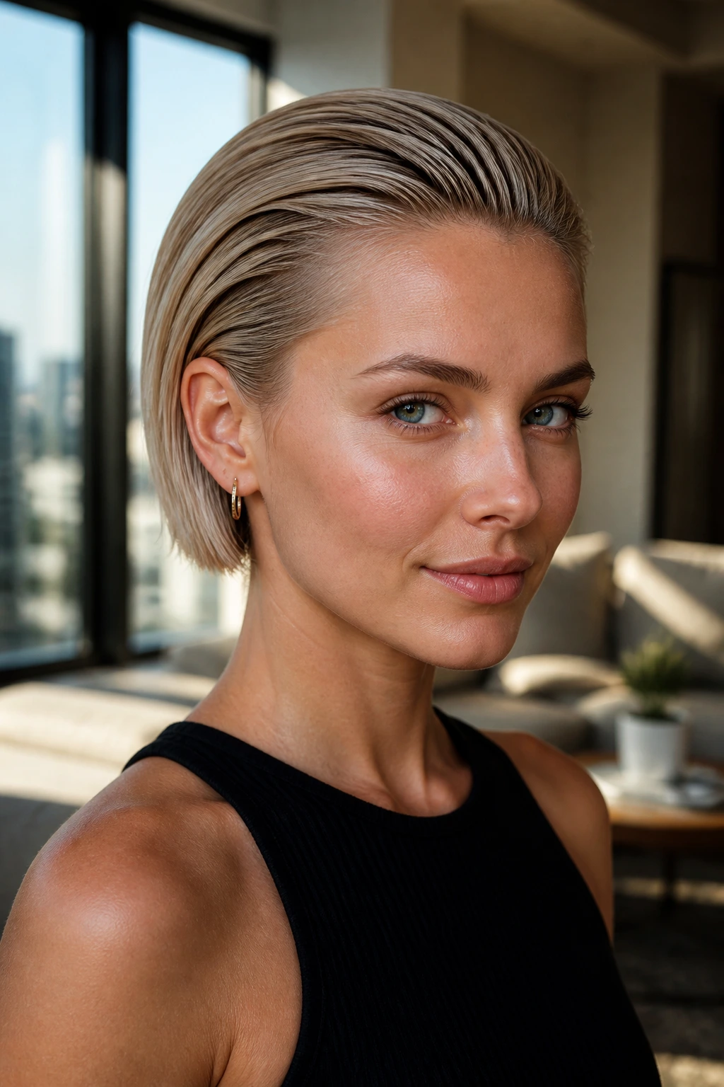 Real woman with pearl blonde babylights on slicked-back bob