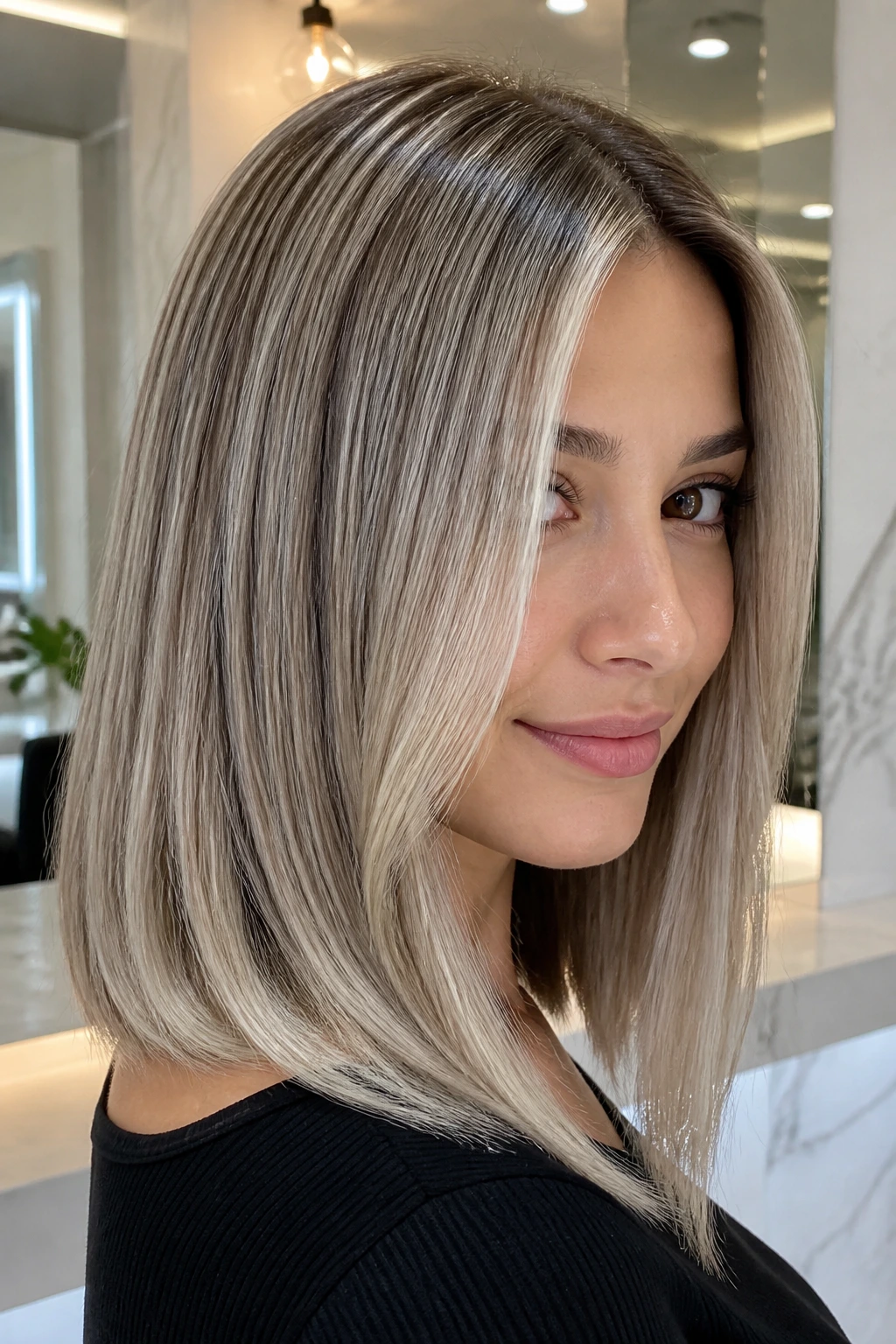Close-up of a real woman with pearl blonde balayage and cool beige-silver tones.