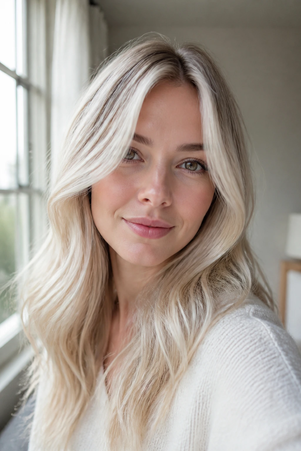 Close-up of a real woman with pearl blonde balayage and soft movement