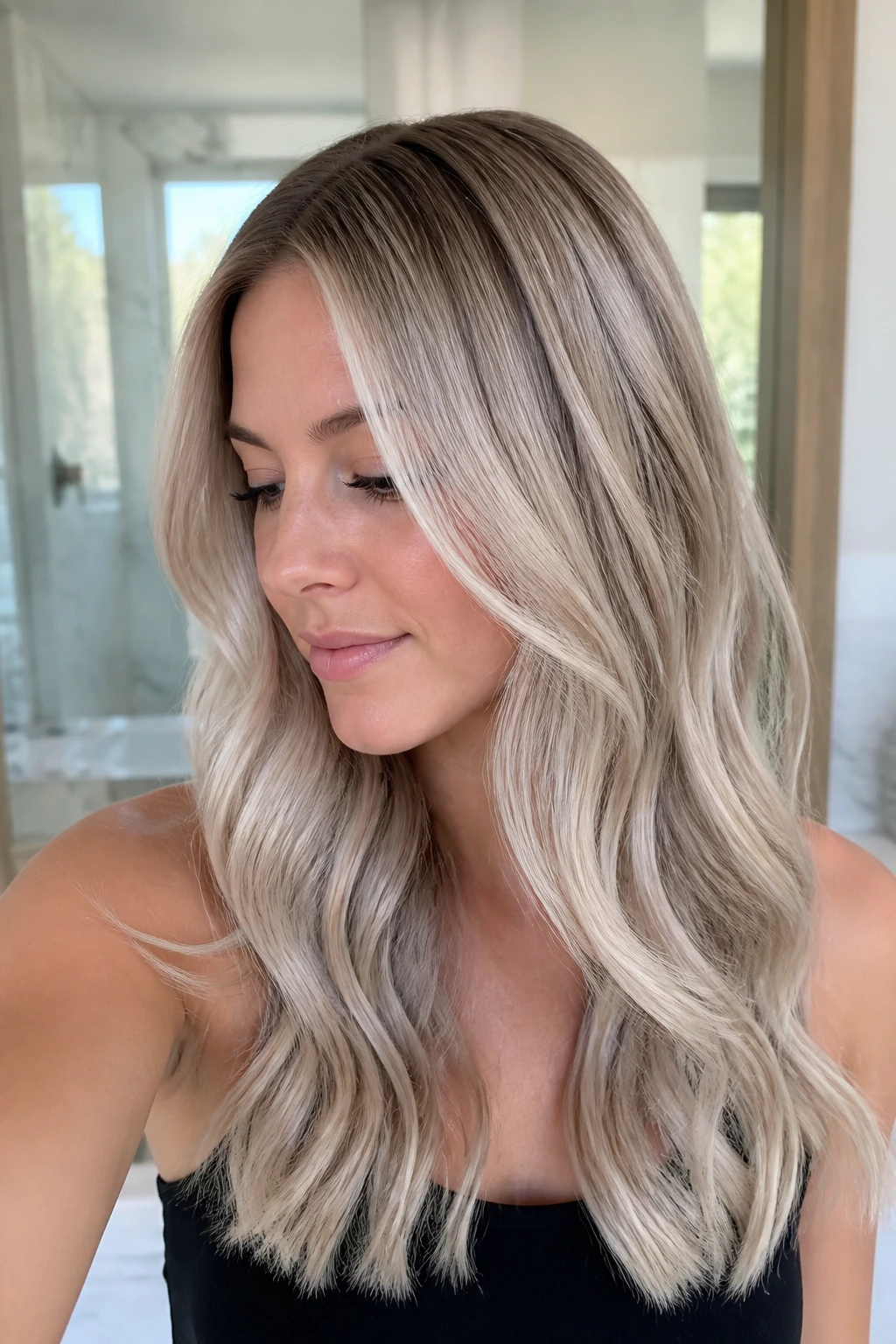 Close-up portrait of a person with pearl blonde balayage and creamy cool reflection.