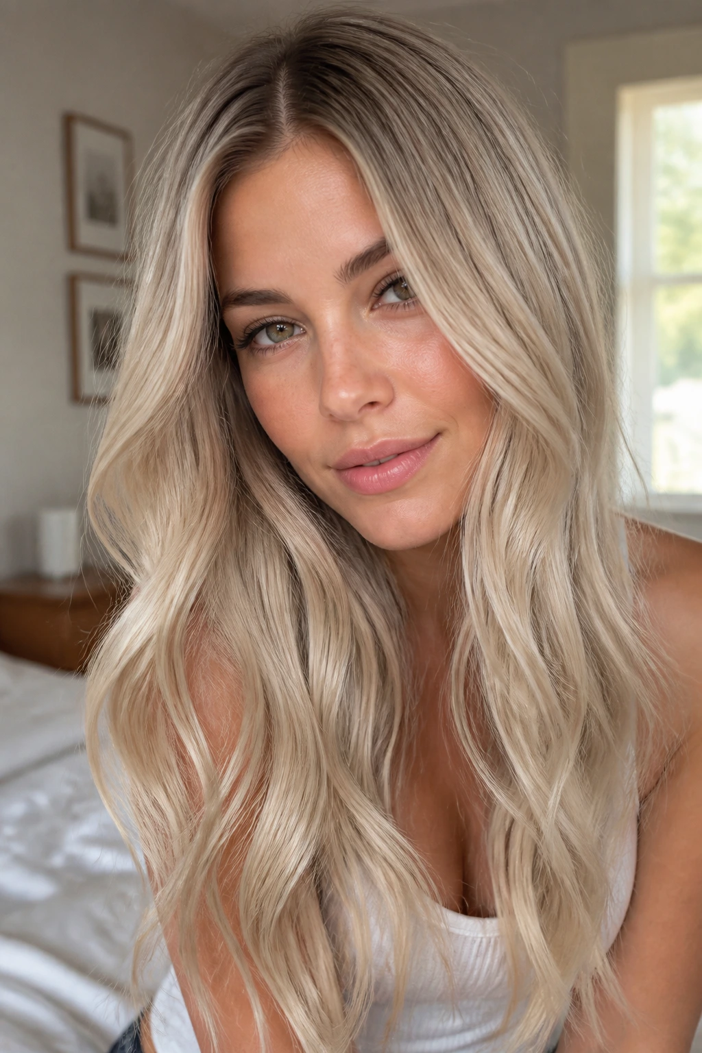 Close-up of a real woman with pearl blonde balayage and root shadow in a softly lit room.