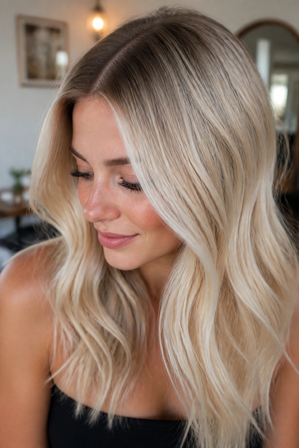 Close-up portrait of a real woman with pearl blonde with beige base