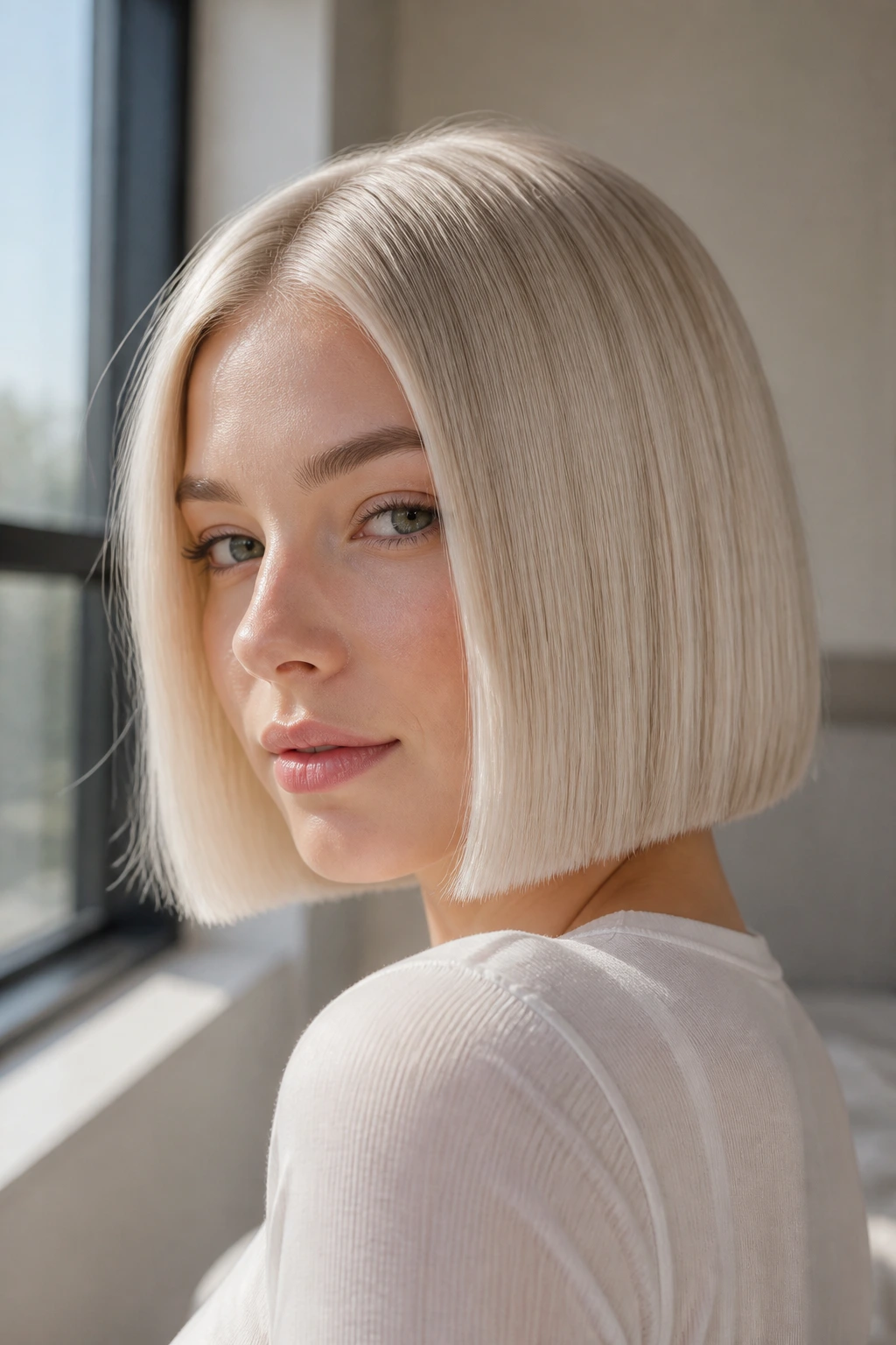 Close-up of a real woman with a pearl blonde blunt bob and crisp edge.