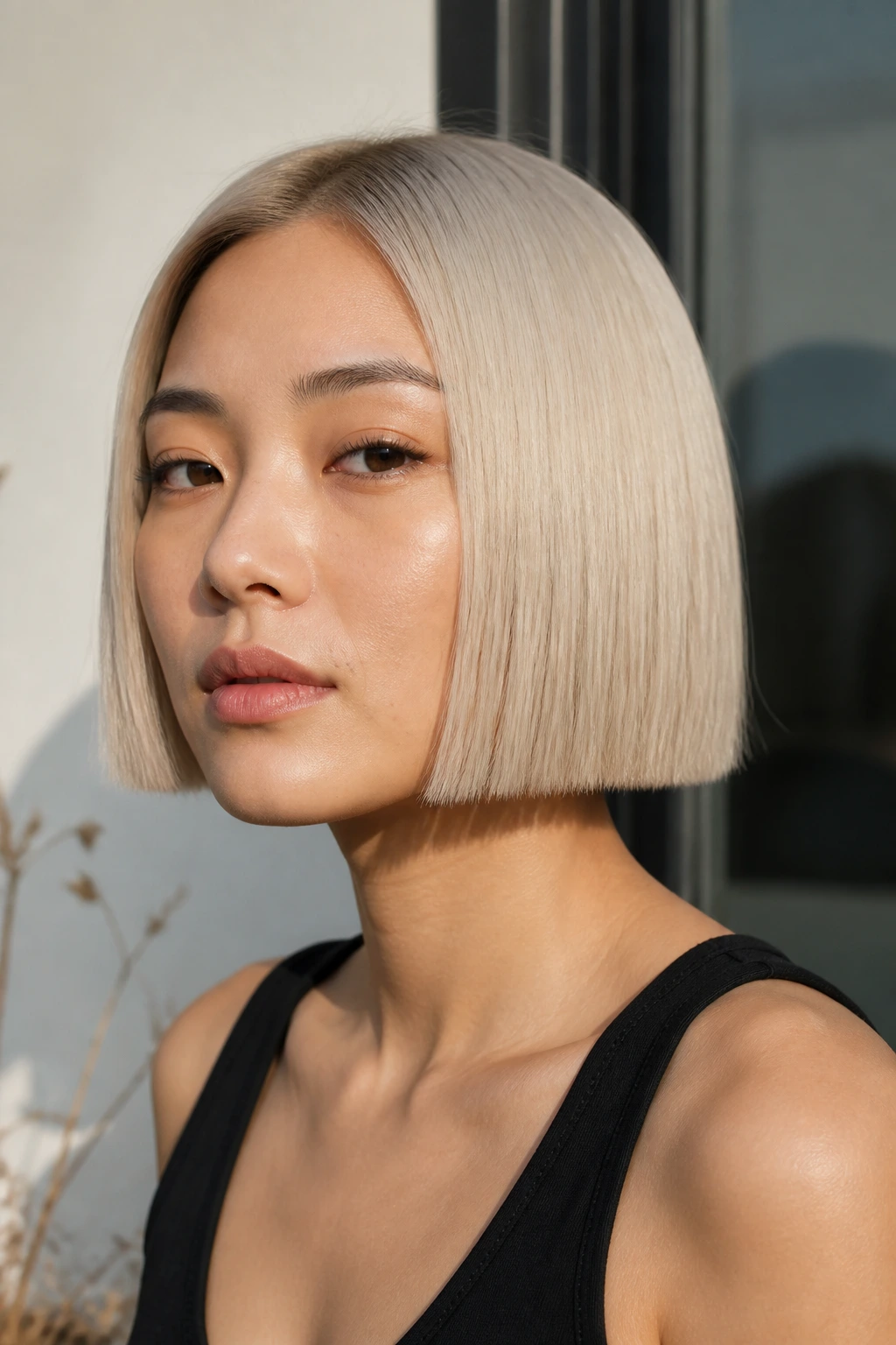 Close-up of a real woman with pearl blonde blunt bob in natural daylight