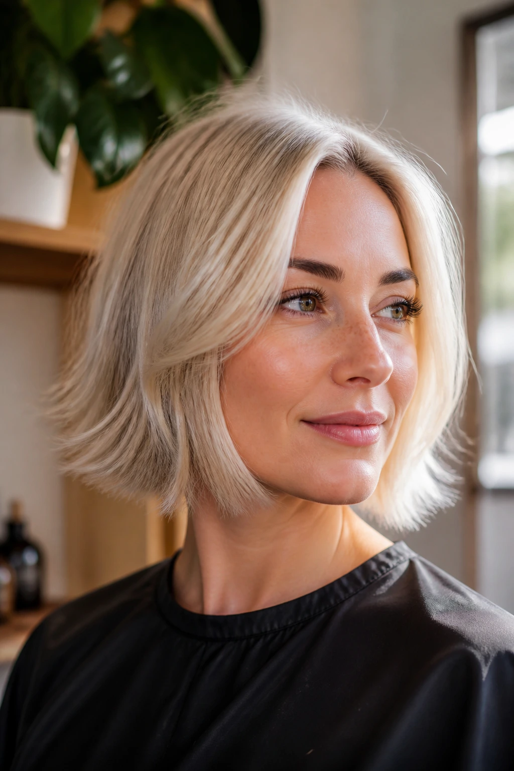 Close-up portrait of a real woman with a pearl blonde bob and airy ends under natural window light