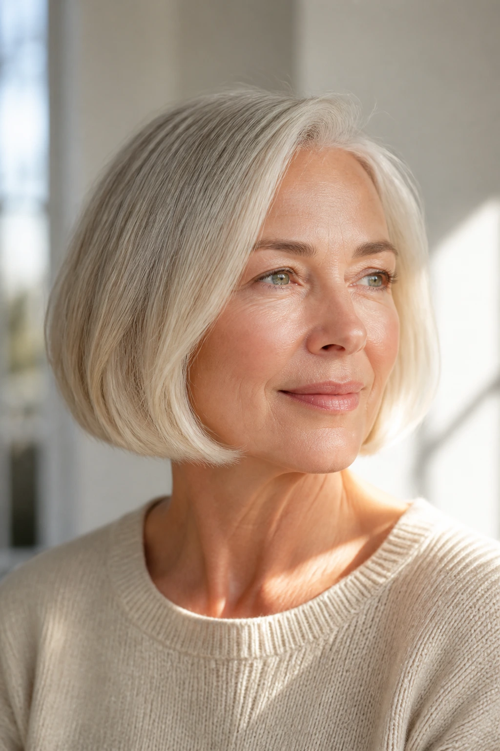 Older woman with pearl blonde bob and creamy ends in a bright room.