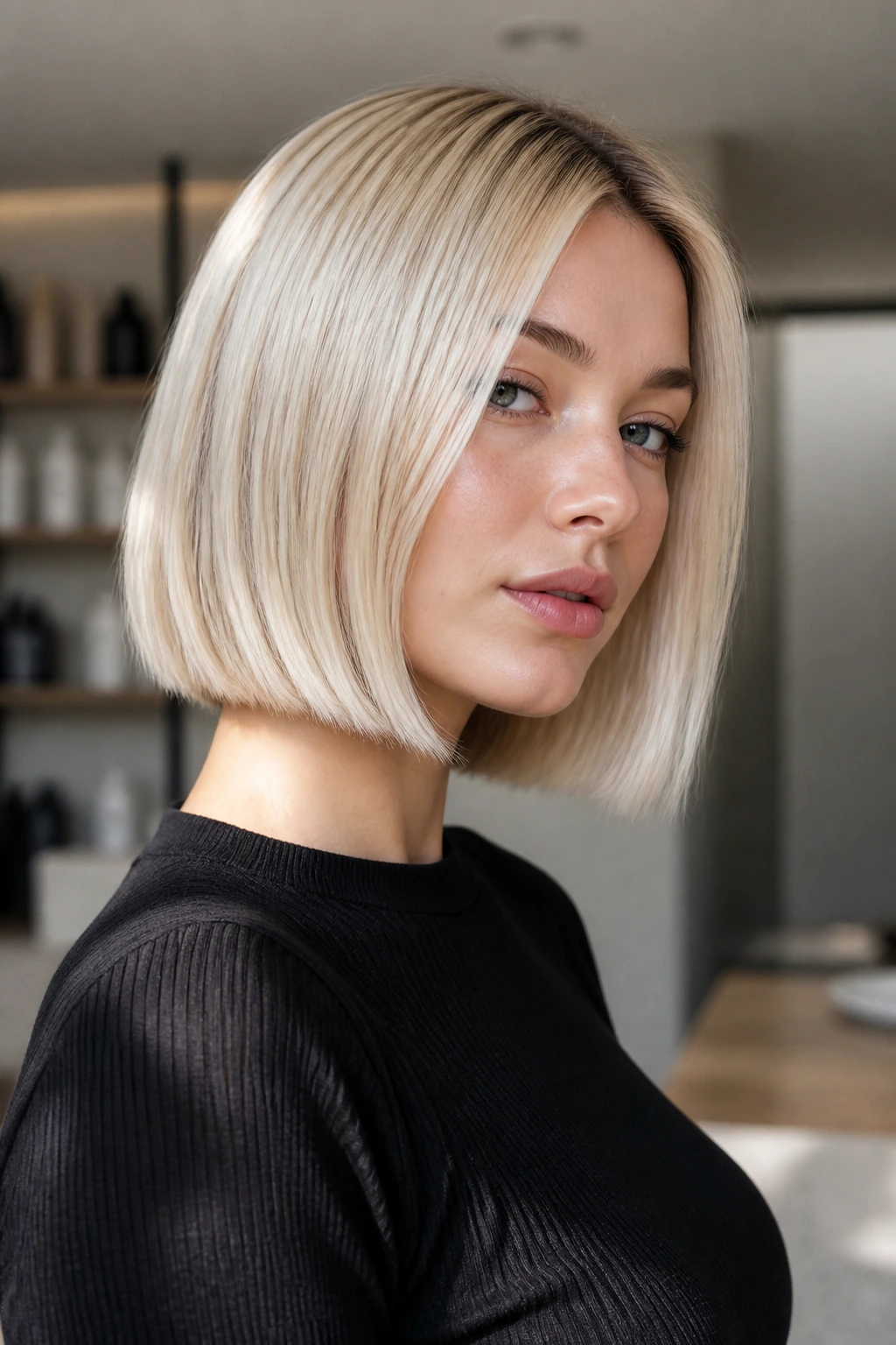 Close-up portrait of a real woman with pearl blonde bob catching light