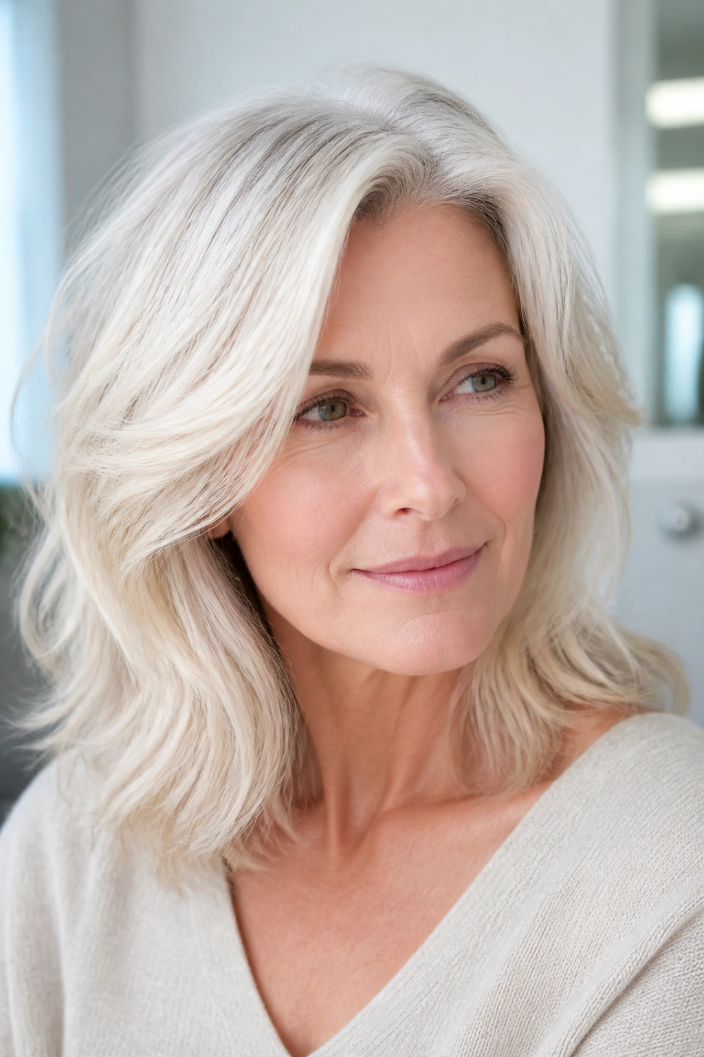 Close-up portrait of a real woman with pearl blonde hair in cool light.