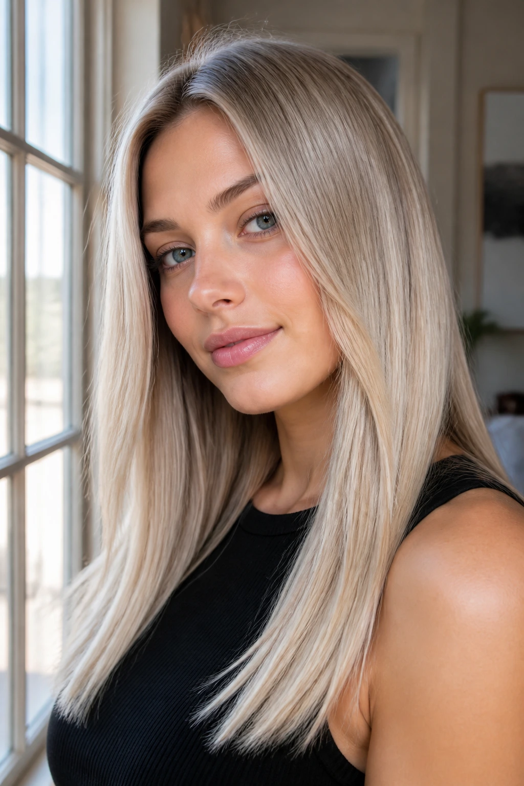 Portrait of a woman with pearl blonde hair illuminated by soft daylight.