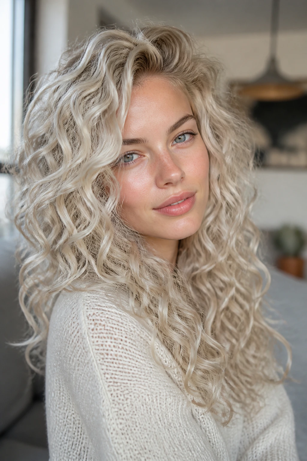 Close-up of pearl blonde cool-sheen on curly hair