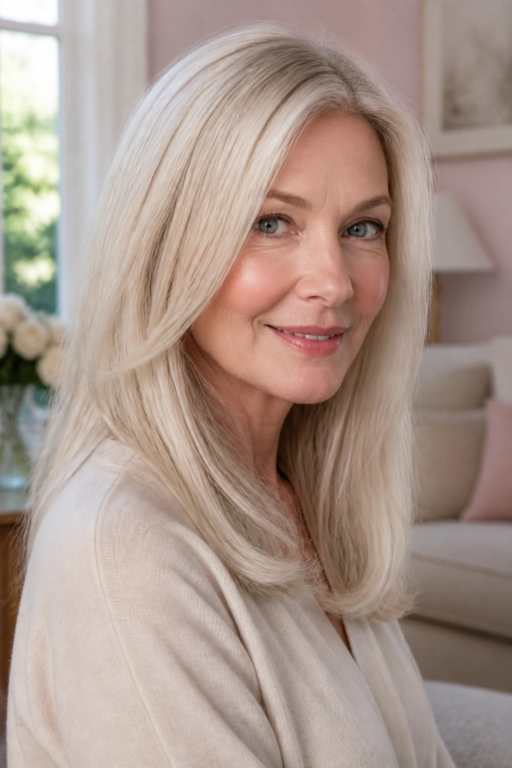 Pearl blonde hair with cool sheen and warm base on a real woman.