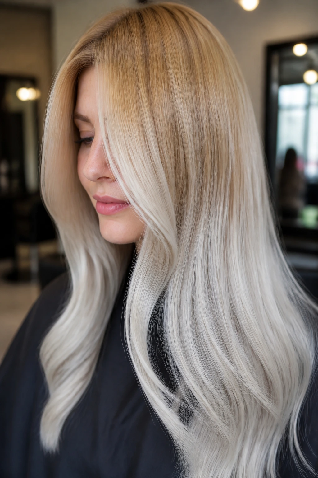Portrait of a real person with cool icy pearl blonde hair in a salon setting.