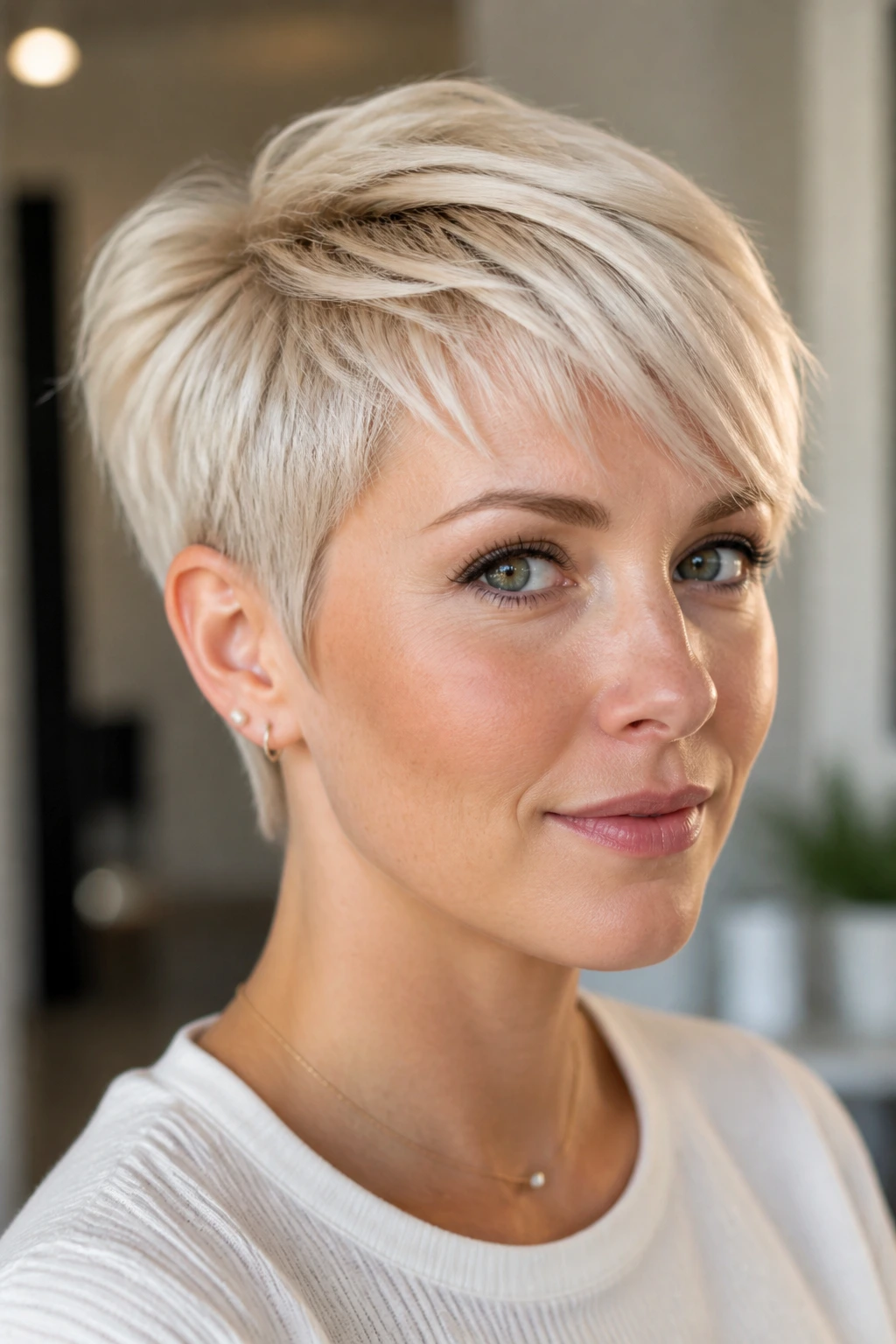 Close-up of a real woman with a pearl blonde short crop and cool iridescent sheen.