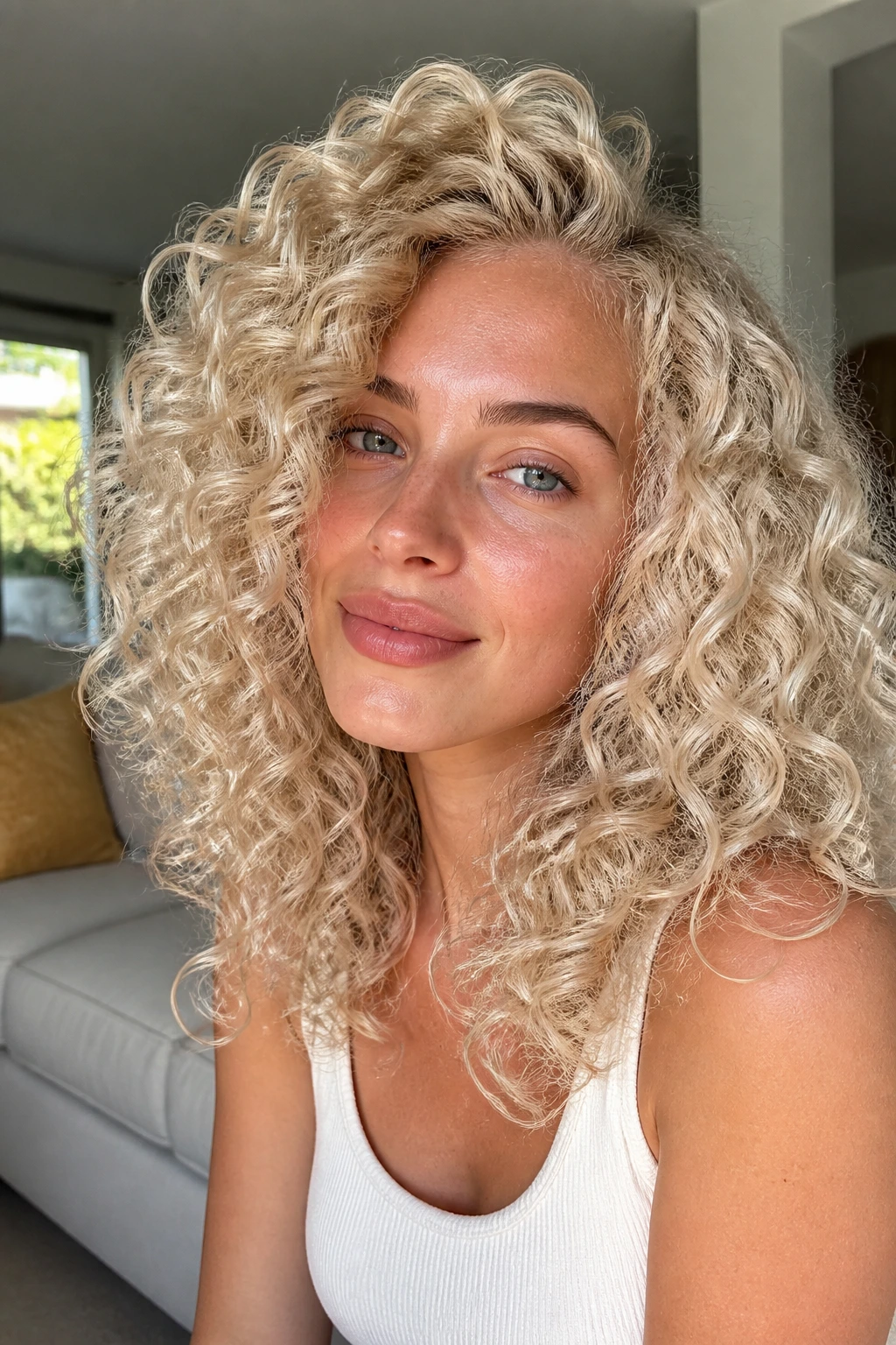Close-up of pearl blonde curls with cool sheen on a real woman