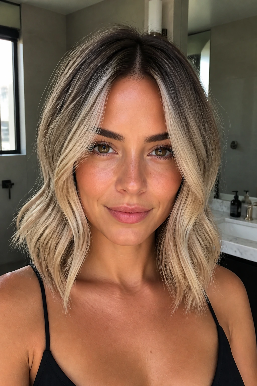 Close-up portrait of a real woman with pearl blonde on dark roots