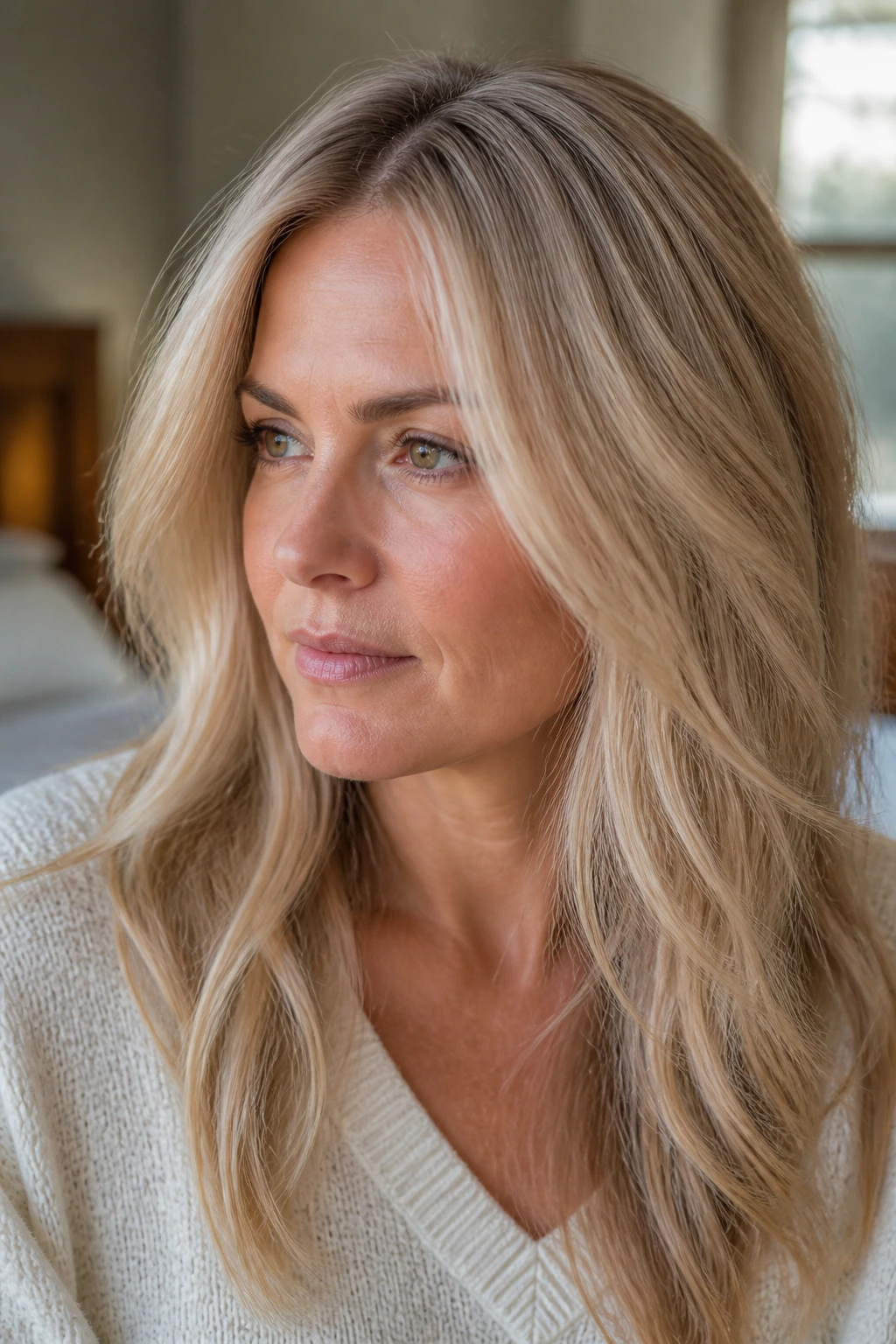 Close-up of a real person with pearl blonde dusting highlights