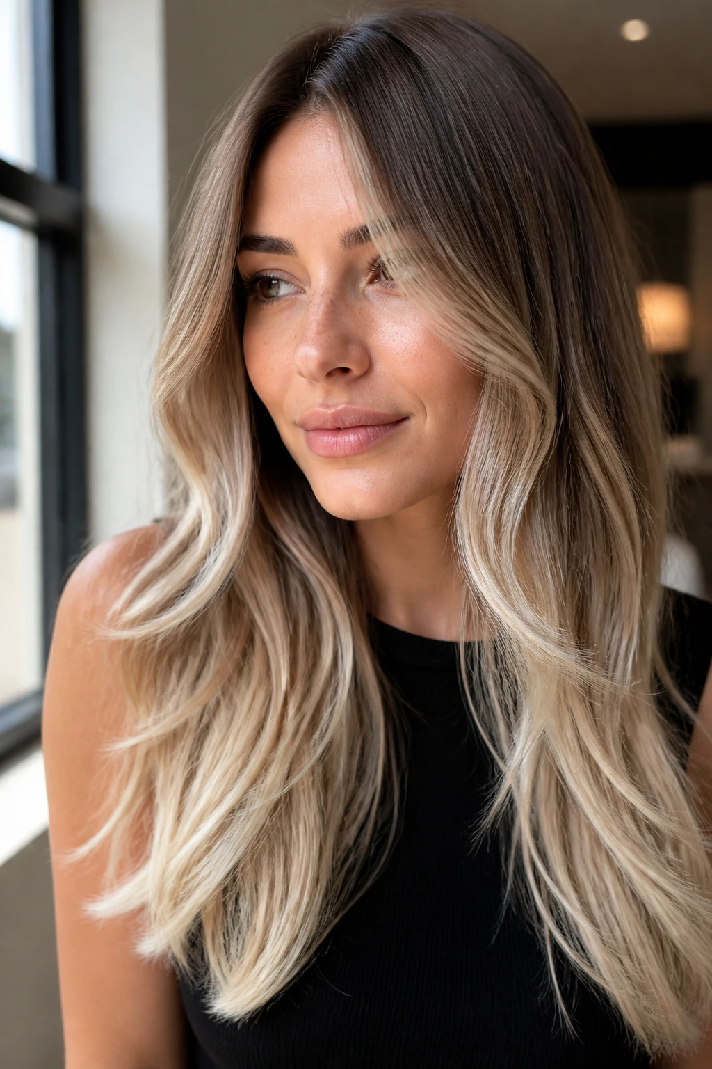 Close-up of a real woman with pearl blonde ends on layered long hair in soft indoor light