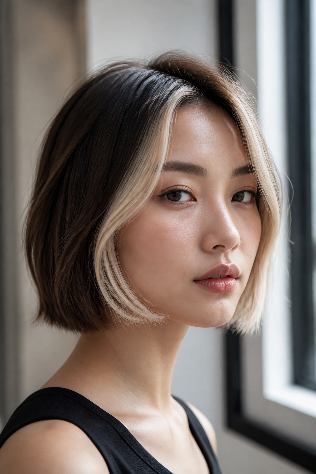 Real woman with chin-length cut and pearl blonde face frame in window light