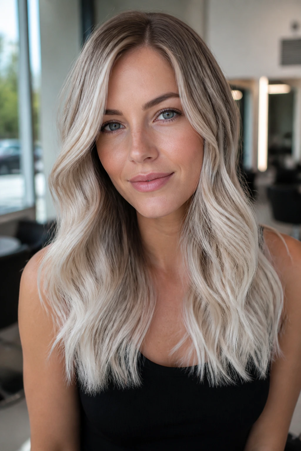 Close-up of pearl blonde foilayage with cool milky ends on a real person under soft daylight