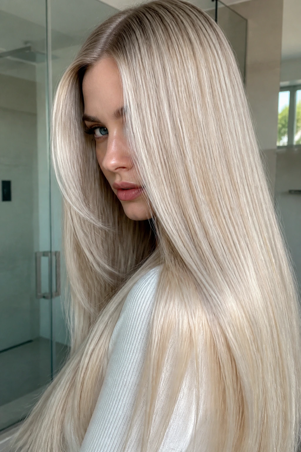 Close-up of pearl blonde glass hair with high shine.