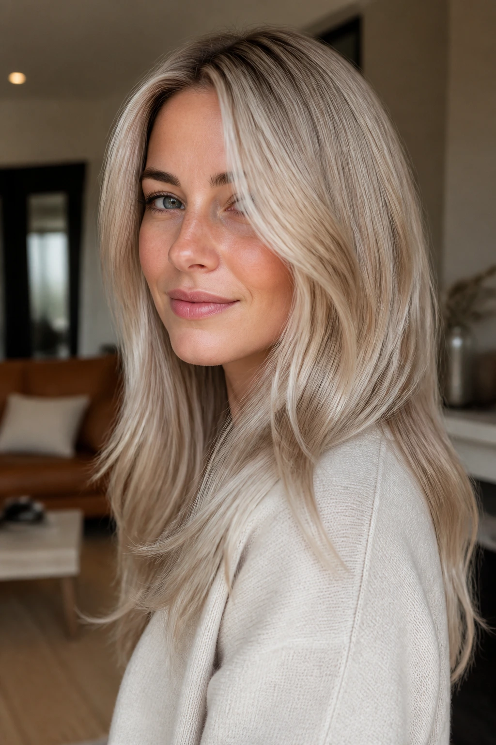Pearl blonde with beige gloss on real woman, close-up portrait