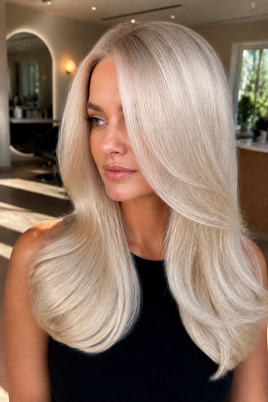 Close-up of a woman with pearl blonde glossy blowout in a sunlit salon