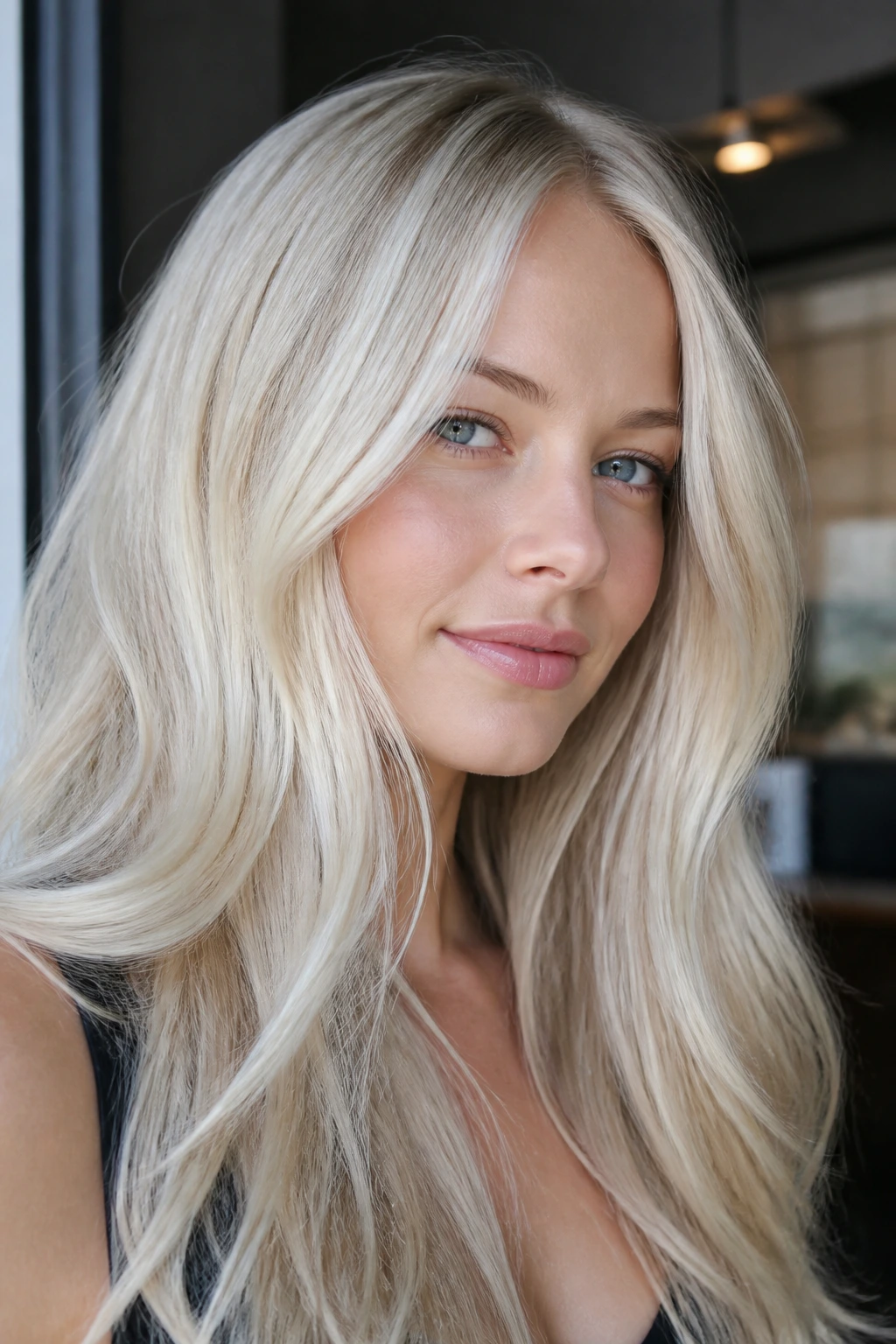 Close-up of pale blonde hair with pearl gloss in soft light